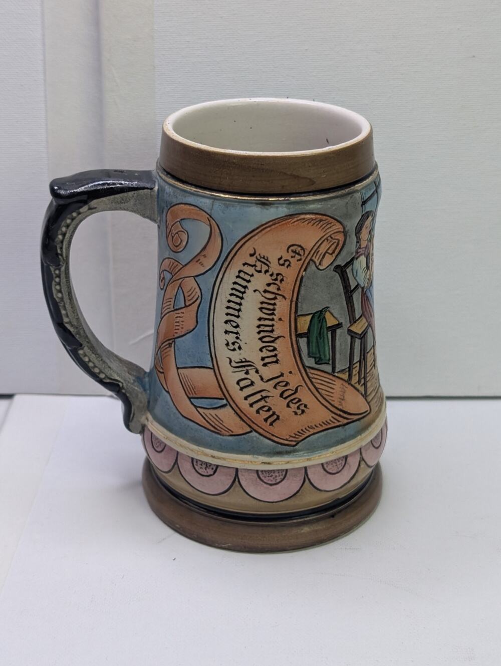 German Ceramic Beer Stein Scenic Tavern DesignNo Lid Base Crack